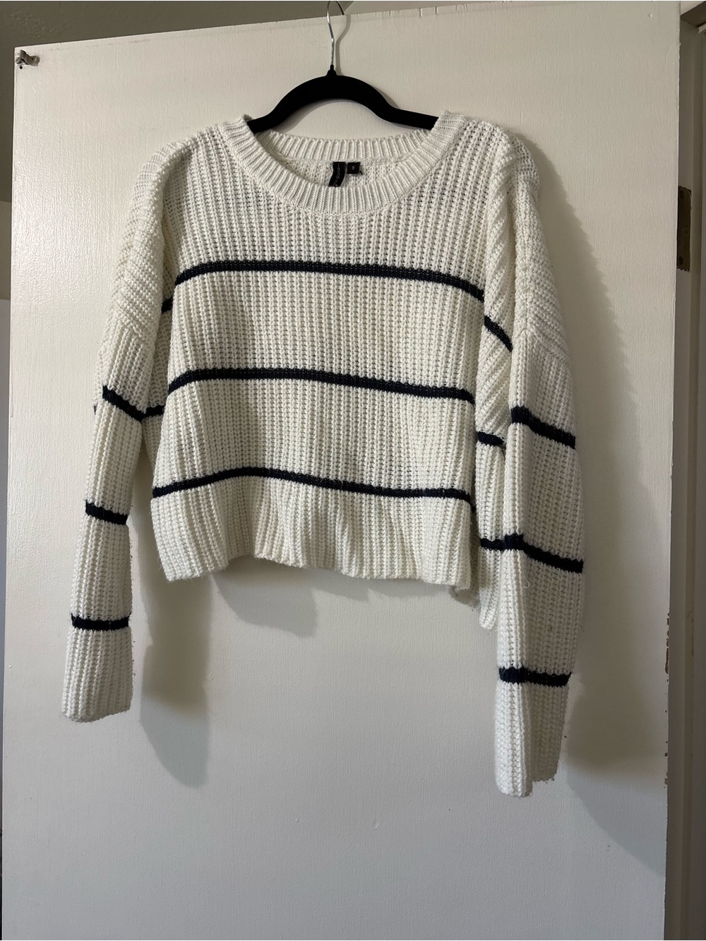 moon & madison Cream Ribbed Crewneck Sweater with Black Stripes
